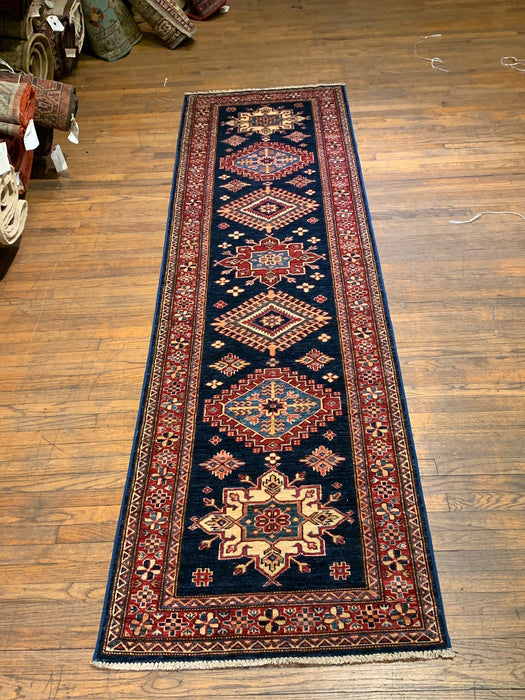 Hand-Knotted Vegetable Dye Kazak Rug from Pakistan, size 2' 8"x 9' 10"