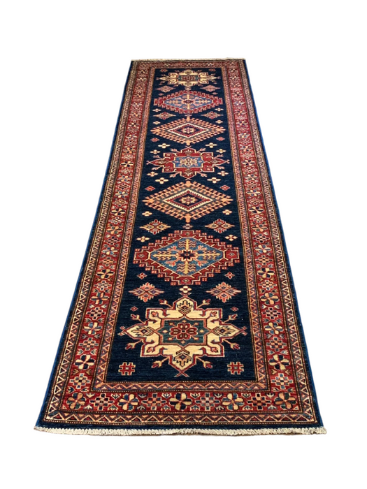 Hand-Knotted Vegetable Dye Kazak Rug from Pakistan, size 2' 8"x 9' 10"