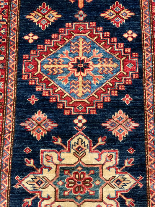 Hand-Knotted Vegetable Dye Kazak Rug from Pakistan, size 2' 8"x 9' 10"