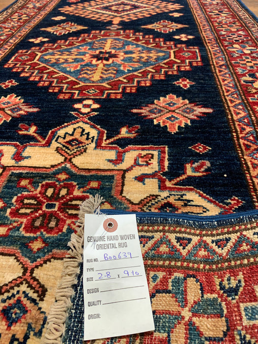 Hand-Knotted Vegetable Dye Kazak Rug from Pakistan, size 2' 8"x 9' 10"
