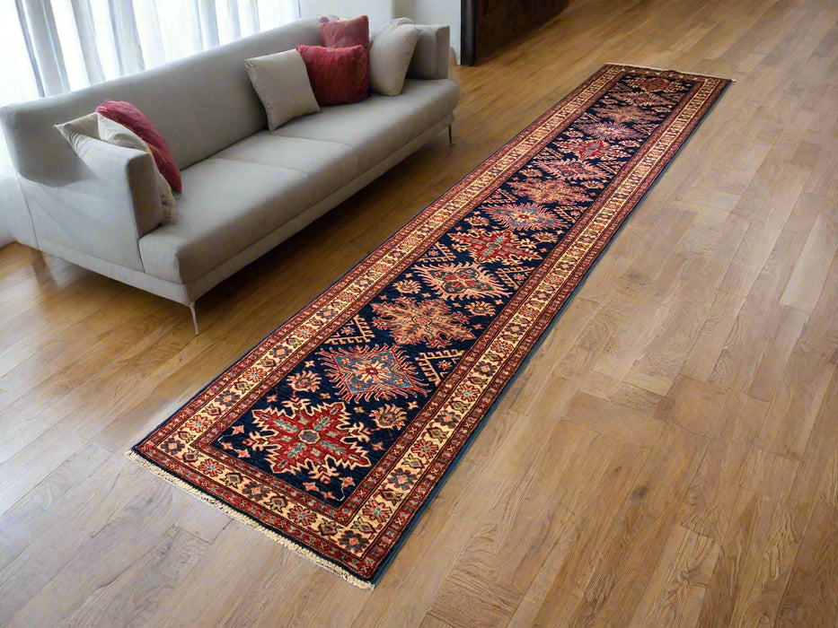 Hand-Knotted Vegetable Dye Kazak Rug from Pakistan, size 2' 8" x 13' 2"