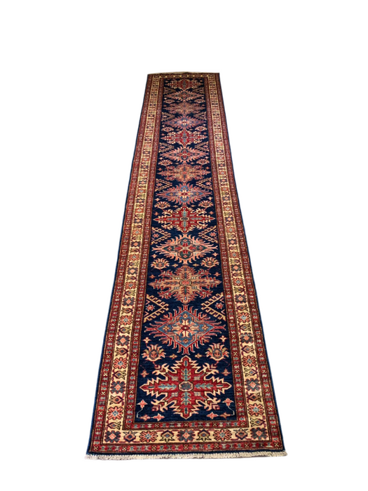 Hand-Knotted Vegetable Dye Kazak Rug from Pakistan, size 2' 8" x 13' 2"