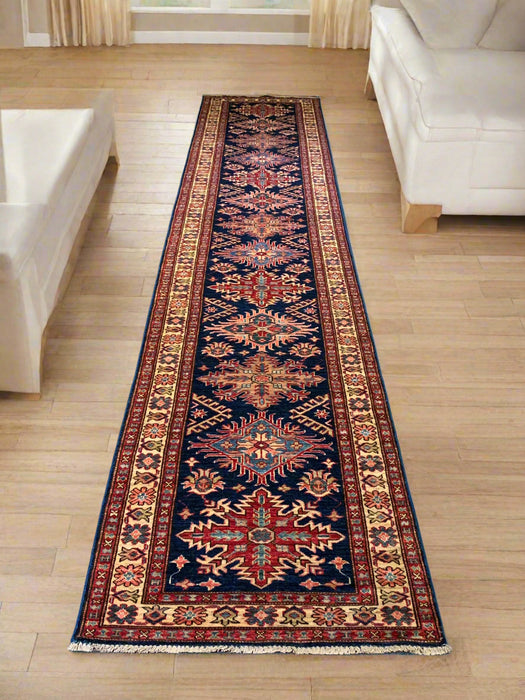 Hand-Knotted Vegetable Dye Kazak Rug from Pakistan, size 2' 8" x 13' 2"