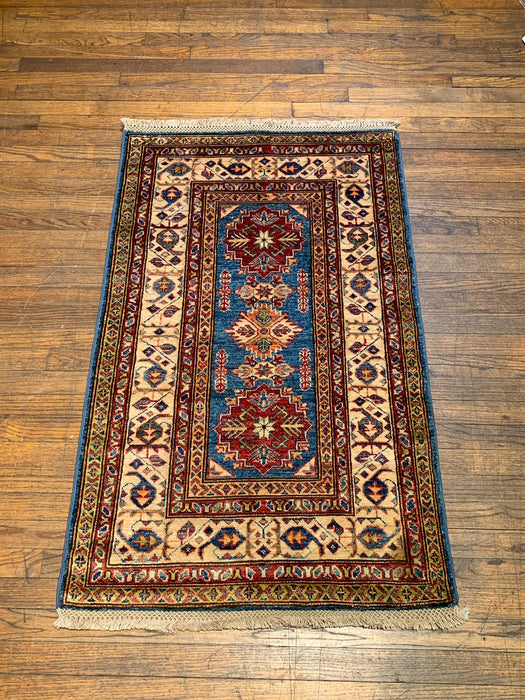 Hand-Knotted Vegetable Dye Kazak Rug from Pakistan, size 2' 7" x 4' 1"