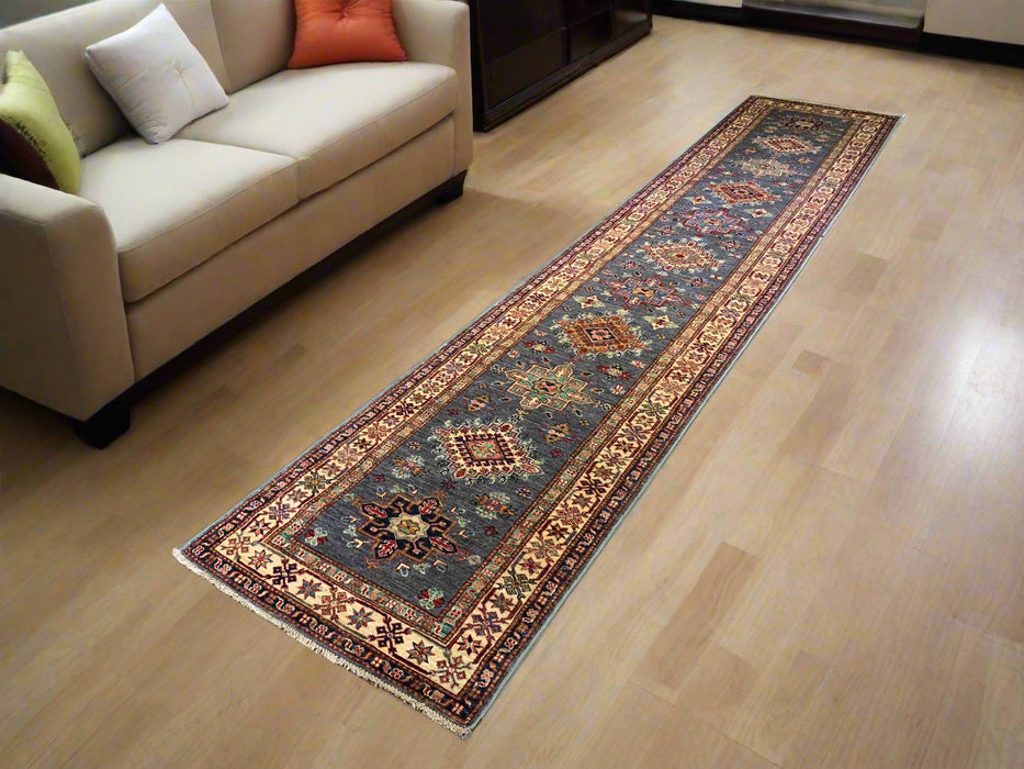 Hand-Knotted Vegetable Dye Kazak Rug from Pakistan, size 2' 8" x 13' 1"