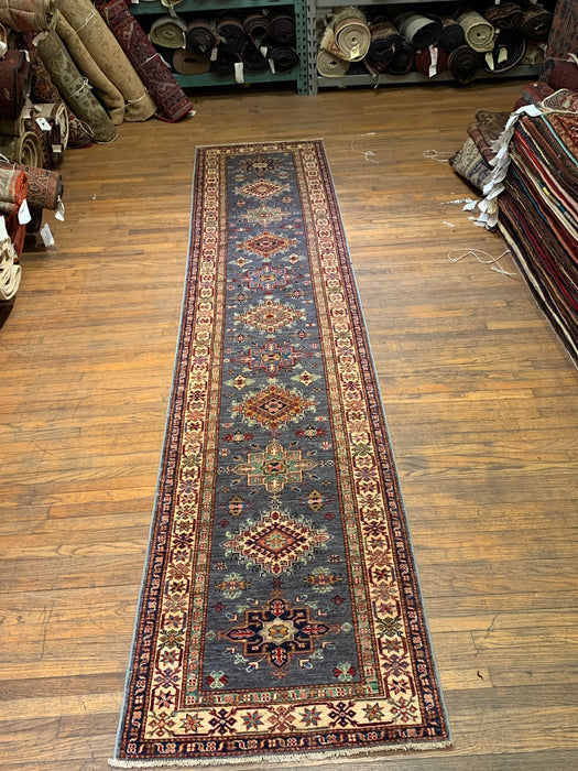 Hand-Knotted Vegetable Dye Kazak Rug from Pakistan, size 2' 8" x 13' 1"