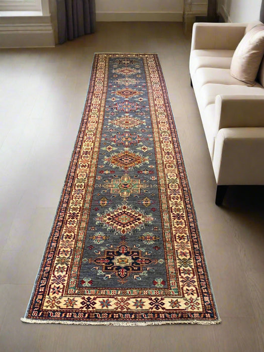 Hand-Knotted Vegetable Dye Kazak Rug from Pakistan, size 2' 8" x 13' 1"