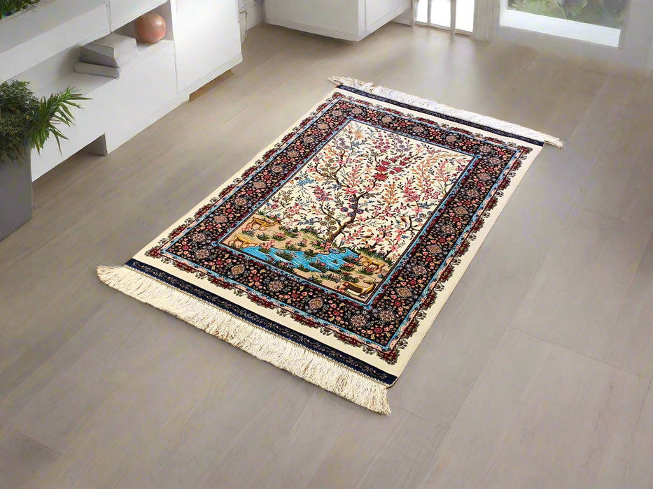 Exquisite 100% Silk Persian Tree of Life Rug – Elegant and Luxurious, size 2' 6" x 4"