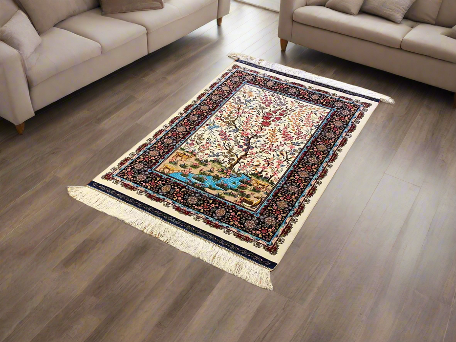 Exquisite 100% Silk Persian Tree of Life Rug – Elegant and Luxurious, size 2' 6" x 4"