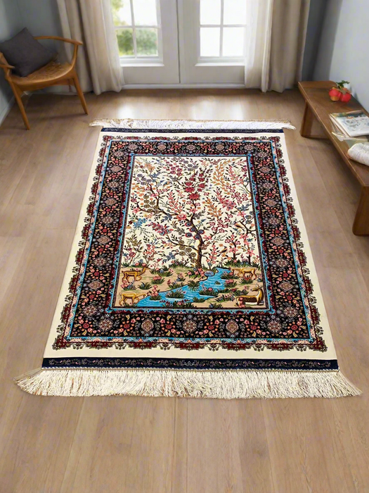 Exquisite 100% Silk Persian Tree of Life Rug – Elegant and Luxurious, size 2' 6" x 4"