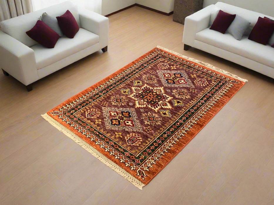 Hand-Knotted Vegetable Dye Kazak Rug from Pakistan, size 2' 9"x 4"