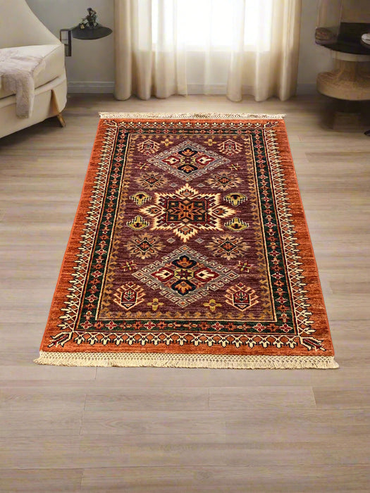 Hand-Knotted Vegetable Dye Kazak Rug from Pakistan, size 2' 9"x 4"