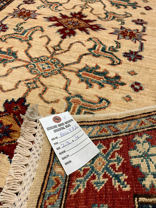 Hand-Knotted Vegetable Dye Kazak Rug from Pakistan, size 2' 9" x 4"