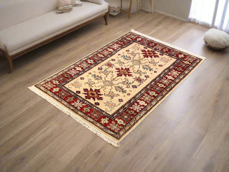 Hand-Knotted Vegetable Dye Kazak Rug from Pakistan, size 2' 9" x 4"