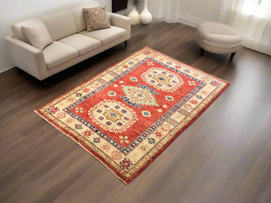 Hand-Knotted Vegetable Dye Kazak Rug from Pakistan, size 2' 8" x 3' 9"