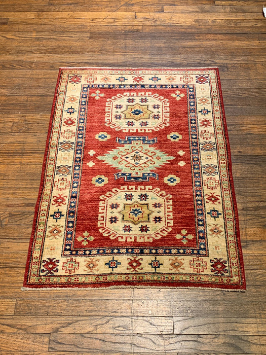 Hand-Knotted Vegetable Dye Kazak Rug from Pakistan, size 2' 8" x 3' 9"