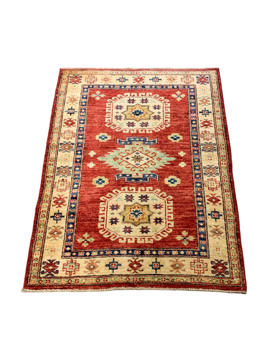 Hand-Knotted Vegetable Dye Kazak Rug from Pakistan, size 2' 8" x 3' 9"