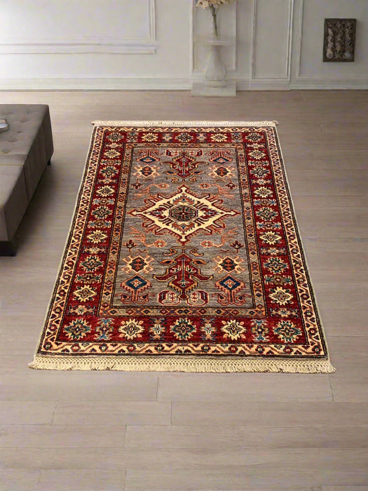 Hand-Knotted Vegetable Dye Kazak Rug from Pakistan, size 2' 10" x 4"