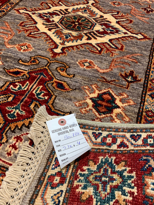 Hand-Knotted Vegetable Dye Kazak Rug from Pakistan, size 2' 10" x 4"