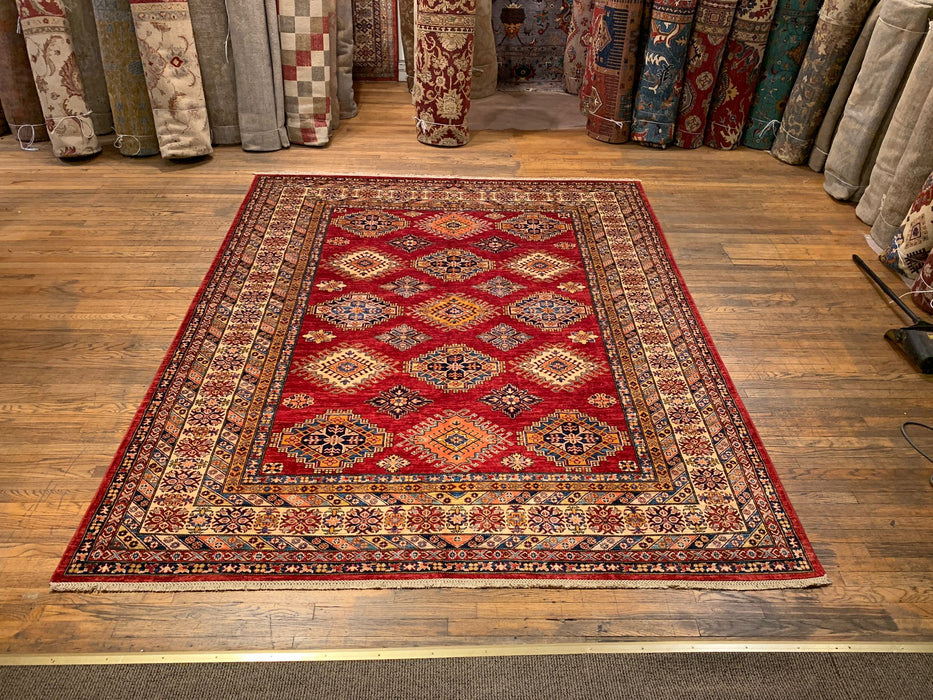 Hand-Knotted Vegetable Dye Kazak Rug from Pakistan, size 7' 11" x 10"