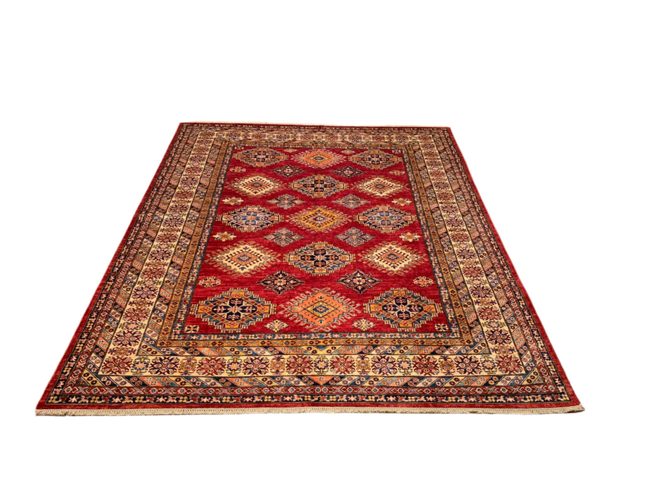 Hand-Knotted Vegetable Dye Kazak Rug from Pakistan, size 7' 11" x 10"