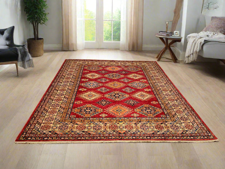 Hand-Knotted Vegetable Dye Kazak Rug from Pakistan, size 7' 11" x 10"