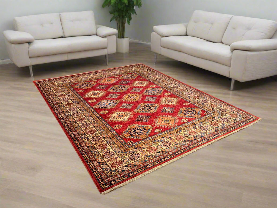 Hand-Knotted Vegetable Dye Kazak Rug from Pakistan, size 7' 11" x 10"