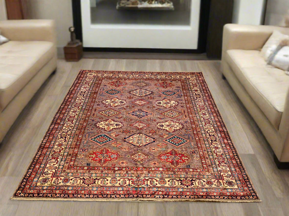 Hand-Knotted Vegetable Dye Kazak Rug from Pakistan, size 8" x 10"