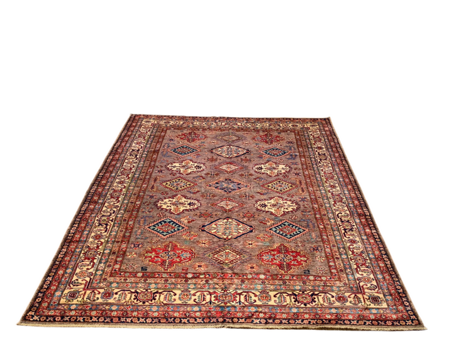 Hand-Knotted Vegetable Dye Kazak Rug from Pakistan, size 8" x 10"