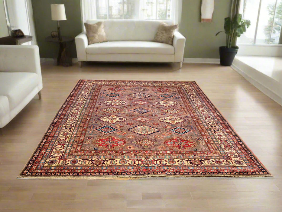 Hand-Knotted Vegetable Dye Kazak Rug from Pakistan, size 8" x 10"