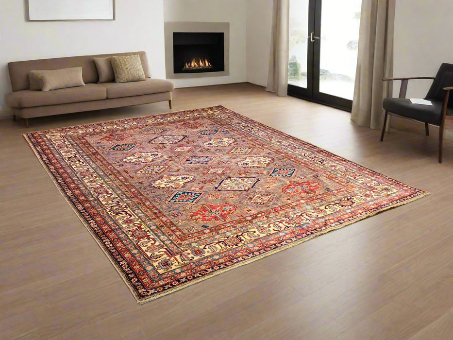 Hand-Knotted Vegetable Dye Kazak Rug from Pakistan, size 8" x 10"