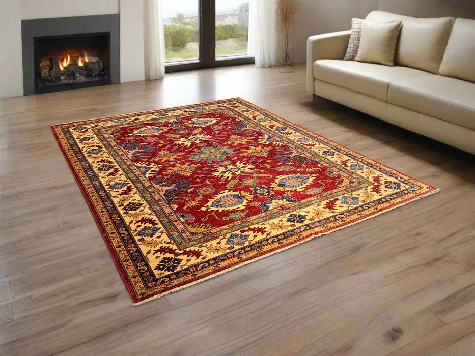 Hand-Knotted Vegetable Dye Kazak Rug from Pakistan, size 8" x 10"