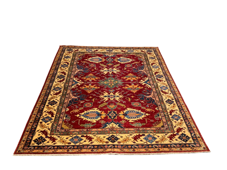 Hand-Knotted Vegetable Dye Kazak Rug from Pakistan, size 8" x 10"