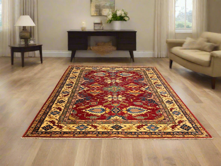 Hand-Knotted Vegetable Dye Kazak Rug from Pakistan, size 8" x 10"