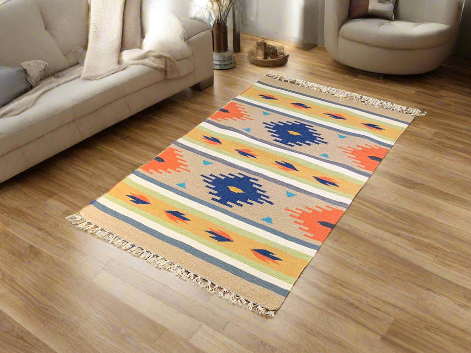 Handwoven Indian Kilim Rug – Geometric Navajo Design, 3' x 5'