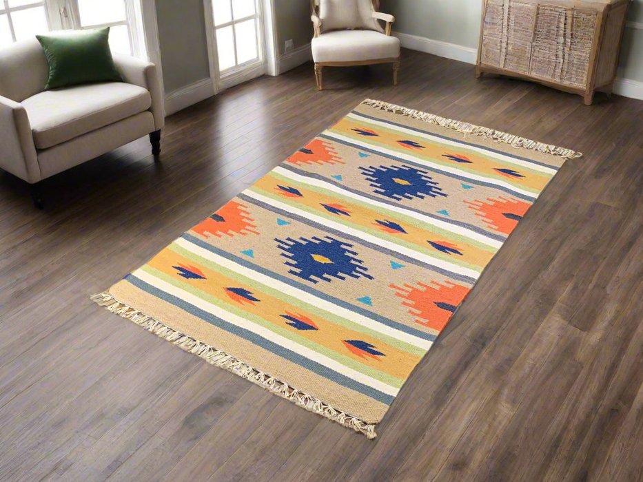 Handwoven Indian Kilim Rug – Geometric Navajo Design, 3' x 5'