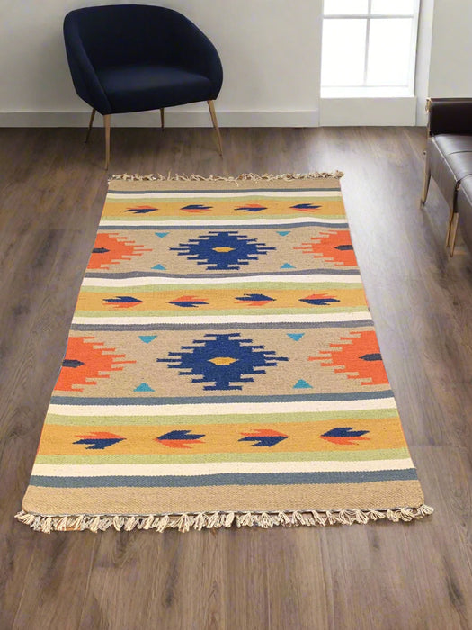 Handwoven Indian Kilim Rug – Geometric Navajo Design, 3' x 5'