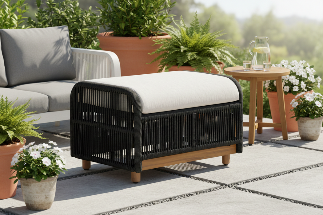 Alpine Teak Wood Outdoor Ottoman with Black - Rope Design