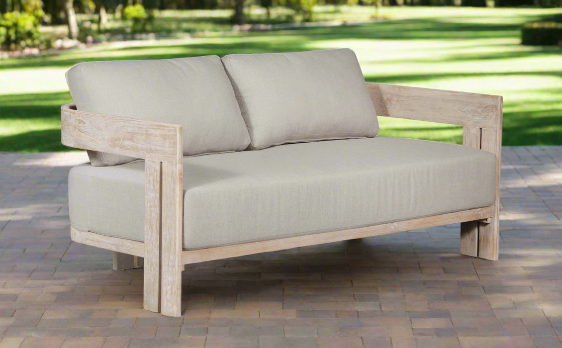 Paradiso Outdoor Solid Teak Wood Love seat Natural Look  - Gray Fabric