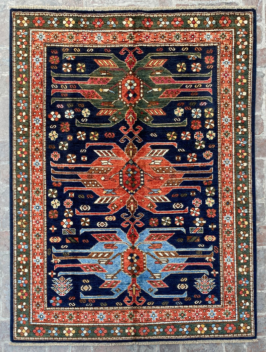 Hand-Knotted Vegetable Dye Kazak Rug from Pakistan, 5' x 6' 7"