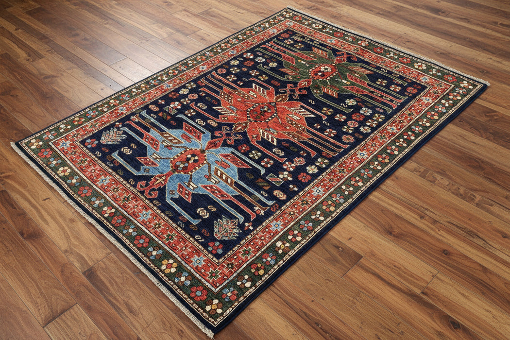 Hand-Knotted Vegetable Dye Kazak Rug from Pakistan, 5' x 6' 7"