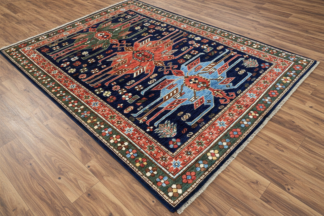 Hand-Knotted Vegetable Dye Kazak Rug from Pakistan, 5' x 6' 7"