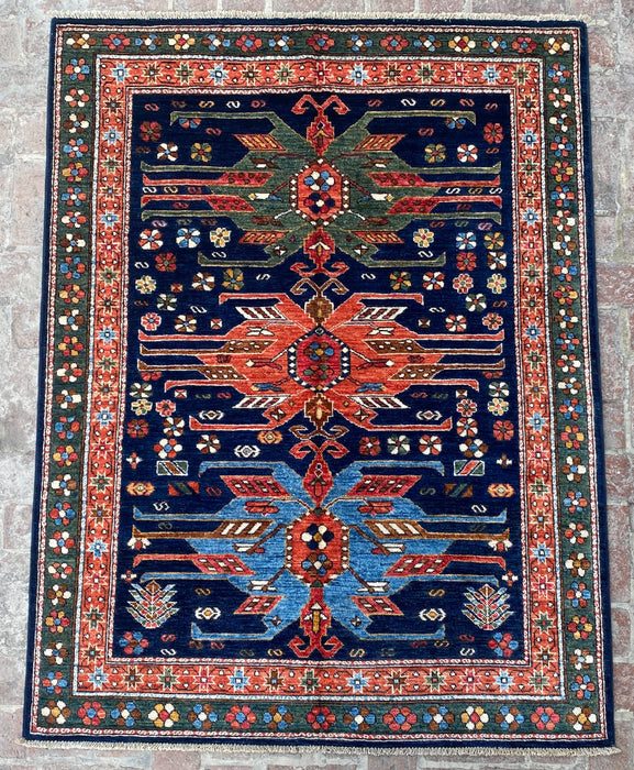 Hand-Knotted Vegetable Dye Kazak Rug from Pakistan, 5' x 6'7"