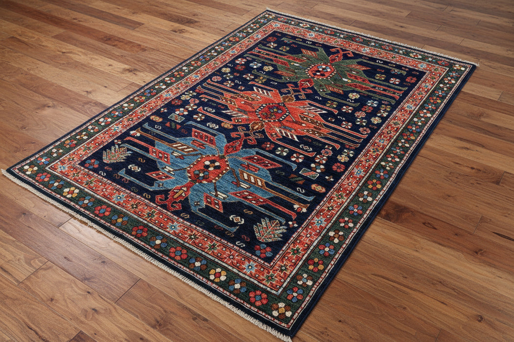 Hand-Knotted Vegetable Dye Kazak Rug from Pakistan, 5' x 6'7"