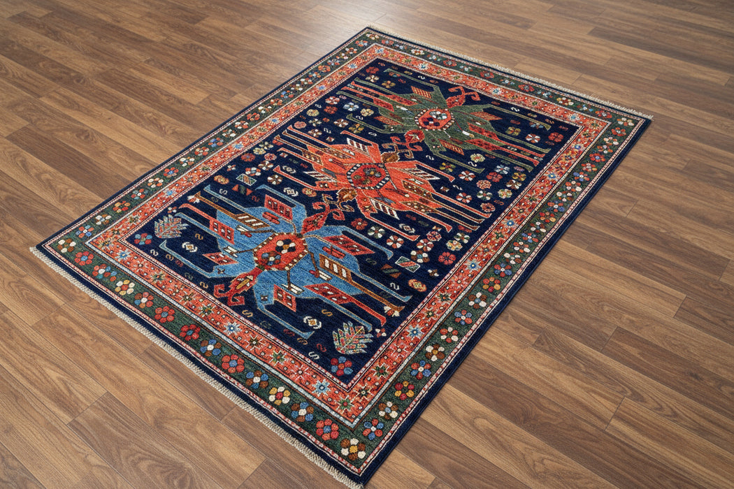 Hand-Knotted Vegetable Dye Kazak Rug from Pakistan, 5' x 6'7"