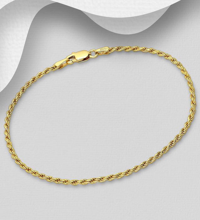 Sterling Silver Rope Bracelet, Plated with 0.5 Micron 18K Yellow Gold, 1.8 mm Wide, Made in Italy.