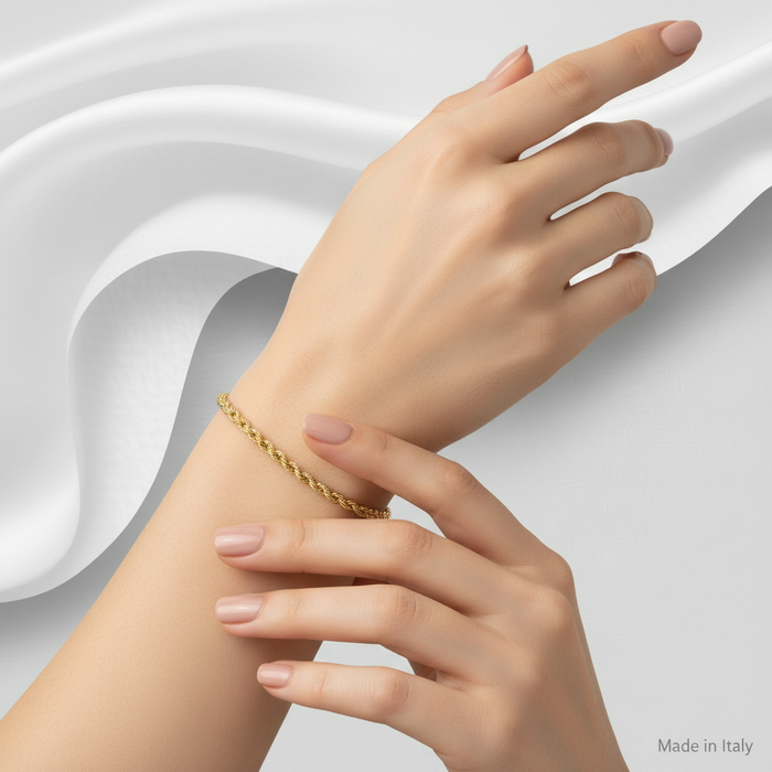 Sterling Silver Rope Bracelet, Plated with 0.5 Micron 18K Yellow Gold, 1.8 mm Wide, Made in Italy.