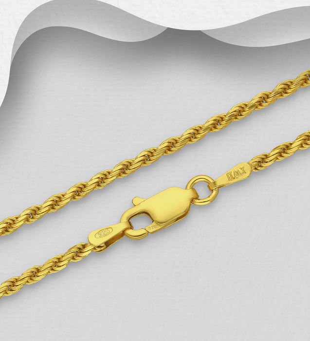 Sterling Silver Rope Chain, 1.8mm Wide, Plated with 0.5 Micron 18K Yellow Gold, Made in Italy