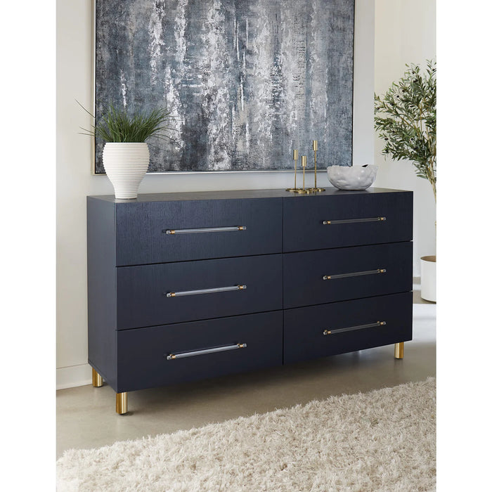 Prescott Navy Blue Oak & Brass Bedroom Set