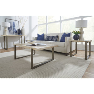 Ariela coffee table made of natural travertine with a bronze-colored metal base